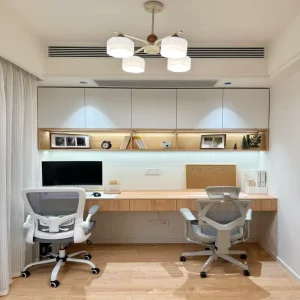 Floating Integrated Desk Bookcase with Matte Fluted Panel and Storage for Home Office