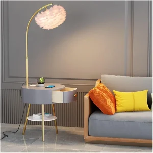 Floor Lamp with Table and Drawers Farmhouse Narrow Nightstand Wooden End Side Table Floor Lamp for Bedroom
