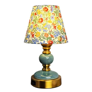 Floral Printed Ceramic Desk Lamp Sophisticated Porcelain Bedside Night Light with Fabric Lampshade for Home Decor