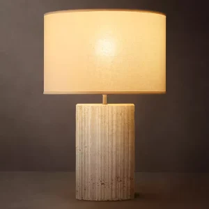 Fluted Travertine Stone Table Lamp Rectangular Linen Shade Modern Organic Bedroom Light for Luxury Hotel Villa Contract Grade UL