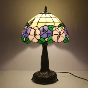 For 12Inch Stained Glass LED Pink Purple Lotus Butterfly Antique Retro Lighting for Bedside Living Room
