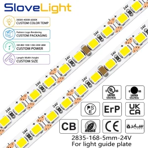 For 5mm Narrow Side Emitting 2835 SMD LED Strip 24V 168LEDs m High Density CRI 90 Flexible Aluminum IP20 LGP LED Tape Lighting