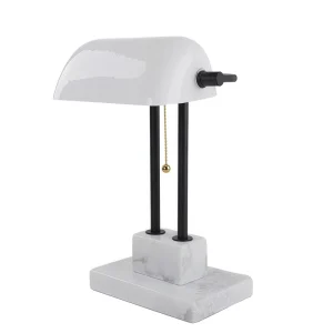 For CUL Listed Modern Custom Hotel Bedside E26 Iron LED Table Lamp Marble Base Plastic Shade Pull Chain Switch AC Power Supply