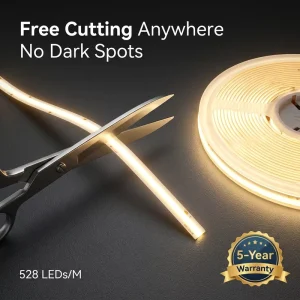 Free Cutting COB LED Strip DC24V 528 LEDs M High CRI 90+ Precise 8mm Dotless Linear Tape Light for Furniture Cabinet Lighting