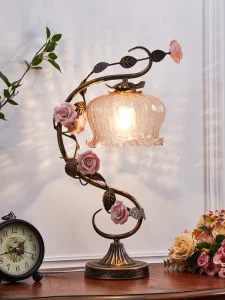 French Medieval Style Iron Art Table Lamp Glass Shade Rose Flower Design E26 Dimmable Living Room Bedroom Bedside