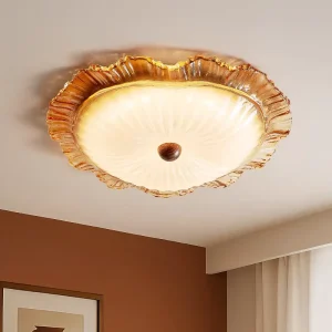 French Modern Stainless Steel Surface Mounted AC Amber Glass Ceiling Light Retro Bedroom Hallway Living Room Fixture