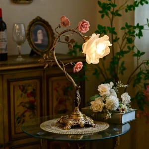 French Vintage Table Lamp Antique Brass Rustic Rose style Ambient Lighting for Living Room Bedroom and Bedside Use