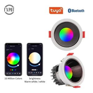 Fxpot Smart Led Downlight Home Lighting BT Tuya Control RGB Dimming 10W Black White Round Led Smart Downlight