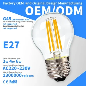 G45 Edison LED Filament Bulb E27 AC220-240V Non-Dimmable Transparent Plastic Shade CRI 80