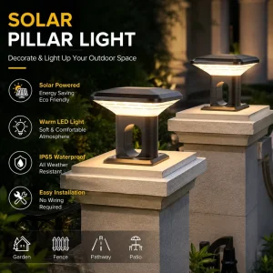 Garden Decor Outdoor Electric Aluminum Black Gate Pillar Light Modern IP65 Waterproof LED Solar Cell Light 10W