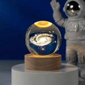 Glass Solar System Planet Sphere Crystal Ball Night Light with Wood Base