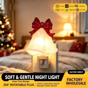 Glitter White Glass Christmas Bell Plug Night Light Red Bowknot Wall LED Middle Sensor Control Bedroom Decor Factory