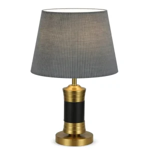 Gold Base Table Lamp with Pleated Grey Fabric Shade E27 Modern Desk Bedside Nightstand Lamp for Living Room Hotel Office