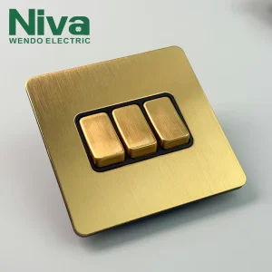 Gold Brushed Stainless Steel Wall Switch 3 Gang Brass Light Switch Panel UK Standard for Residential Commercial Projects