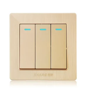 Gold Fire-Resistant PC Panel Push Button Wall Switch, 86 x 86 mm, 3 Gang, 1 Way, 250V 16A