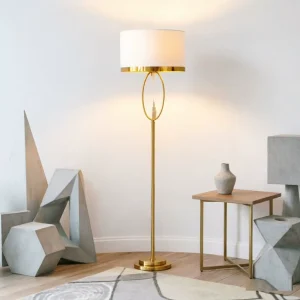 Golden Modern Metal Floor Lamp with White Fabric Shade Fixed Height Standing Light for Living Room Bedroom Hotel Decor