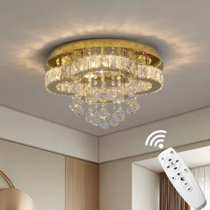 Golden Stainless Steel LED Dimmable Crystal Ceiling Light for Apartment Bedroom Study