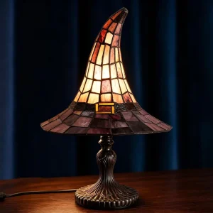 Halloween Style Witch Hat Table Lamp Purple Stained Glass Antique Bronze Base Plug in Accent Lamp Halloween Dark Academia