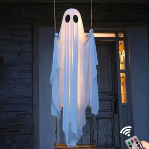 Halloween Swing Hanging Ghost Decoration with LED String Lights for Garden Holiday Party Porch Yard Decor