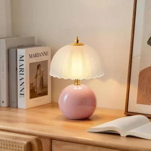 Hand Painted Chinese Ceramic Table Lamps Mushroom Table Lamp Ceramic Bedside Lamp with Glass Shade for Bedroom Living Room