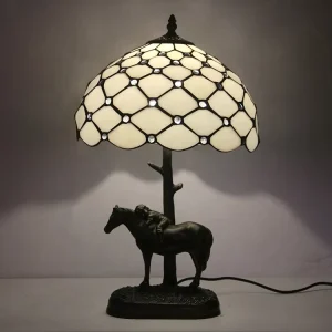 Handcrafted Stained Glass Horse Base Table Lamp 12Inch Dome Shade LED Mediterranean Design 2700K Warm White