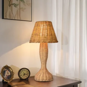 Handmade Rattan Desk Lamp Vintage Wicker Wooden Nightstand Lamp with E27 Bulb for Home Office or Living Room Decor