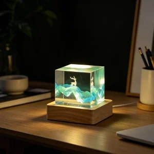 Handmade Resin Cube Night Light 3D Elk Mountain Diorama Lamp Natural Wooden USB LED Desk Light Mini Landscape Crystal Ornament