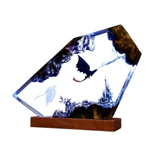 Handmade Resin Dragon Lamp with Wood Base, Desktop Night Light and Ornament