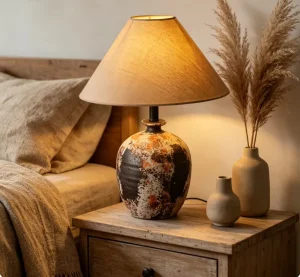 Handmade Rustic Mottled Texture Round Ceramic Table Lamp with Linen Shade Vintage Home Decor Nightstand Light