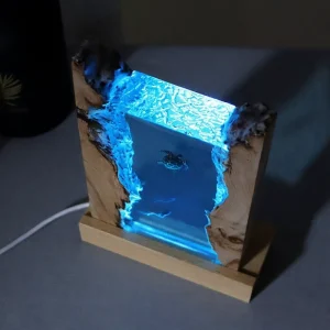 Handmade Sea Turtle & Scuba Diver Epoxy Resin Night Light USB Dimmable LED Solid Wood Base Ocean Decor Gift Table Lamp