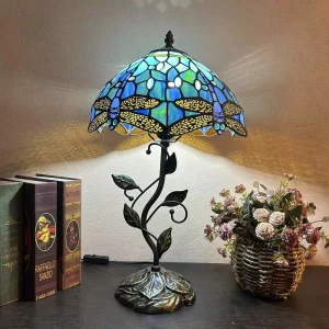 Handmade Stained Glass Mediterranean Design Dragonfly Lampshade Desk Lamp Dome Shade AC Powered for Study 12 Inch