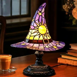 Handmade Stained Glass Witch Hat Lamp Nightstand Night Light Home Decor