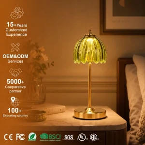 High CRI Ra95 LED Desk Lamp Rechargeable Touch Dimmable Iron Body Flower Shape Glass Shade Creamy Style Table Lamp