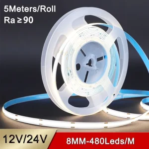 High Density 12V 24V 8mm 480 LEDs/m COB LED Strip Light CRI 95 Dot-Free Self-Adhesive Flexible Tiras LED COB