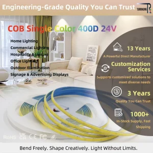 High Density 400 LEDs m COB LED Strip Lights Ultra Bright Dot Free LED Tape 12V 24V Flexible LED Strip for Display Cabinet