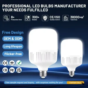 High Quality 50W Led E27 B22 Bulbs Warm White 6500K CCT T Shape RoHS Certified 110 220V DC AC Power Office Use Aluminum Plastic