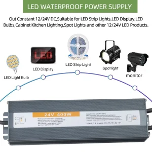 High Quality IP67 Waterproof LED Driver Factory Manufactured AC90-130V to DC 24V 400W Outdoor LED Lighting Power Supply