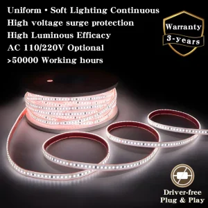 High Voltage 2835 LED Strip 220V/110V 120 LEDs/m 50m/100m Roll IP67 Waterproof Dimmable Flicker-Free