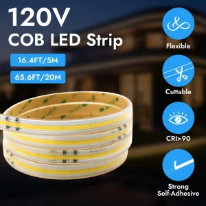 High Voltage COB Neon LED Strip Light Warm Light IP67 Waterproof 2-Pin Plug 110V 220V Flexible 50m Roll