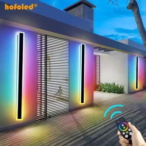 Hofoled RGB Wall Sconce Waterproof Garden Outdoor LED Long Strip Light Linear Wall Mount Lighting Smart Wall Lamp for Home Patio