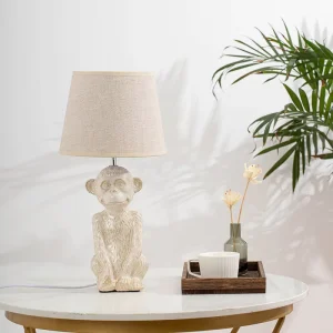 Home Decoration Beige Table Lamp Linen Drum Shade Handmade Monkey Lampe De Table Ceramic Desk Lamp Warm Light