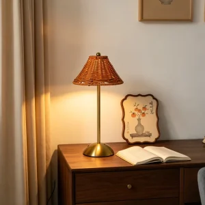 Homestay Resort Rattan Wicker Lampshade Cordless Table Lamp USB Powered Touch Dimmable Living Room Accent Lamp