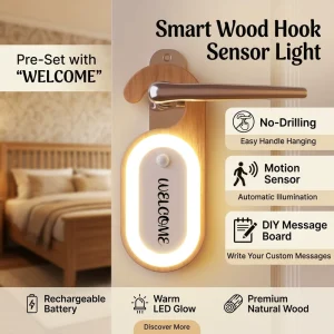 Hook LED Sensor Light with Battery, Solid Wood Nightlight with Writable DIY Panel for Bedroom and Closet