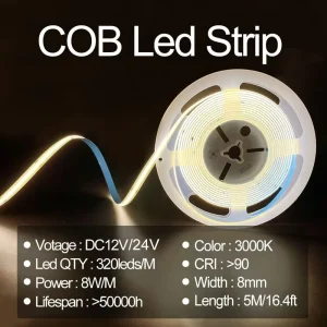 Hot Selling Cob 12V 24V Led 320leds M 8mm Width 3000K 4000K 6500K Dimmable Cob Led Strip Light