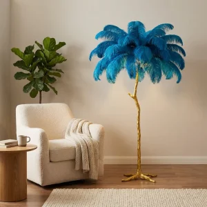 Hotel Standing Lights with Ostrich Feather Shade in Pink Blue Luxury Designer Modern LED Resin Floor Lamp