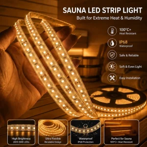 IP68 Sauna LED Strip 24V High-Temperature Waterproof Flexible LED Tape Light for Sauna, Steam Room, and Spa Lighting