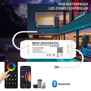 IP68 Waterproof 4-Zone MESH RGBW LED Strip Controller with PWM Dimmer, Group Sync, and Remote
