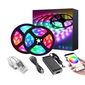 Indoor 32.8ft RGB 5050 Smart LED Strip Light with 24-Key Remote Controller, Adapter, WiFi App, IP65 RGBW
