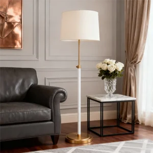 Indoor Decorative Adjustable Standing Floor Lamp with Linen Shade, Leather, Antique Brass