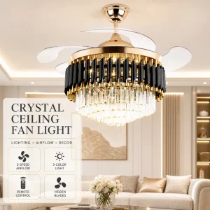 Indoor LED Crystal Ceiling Fan Light, 42 Inch, Remote Control, Chandelier